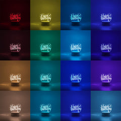 Lampa LED decorativa, Kaveny, 3D, Happy Birthday, cu USB si baterii, 20 cm inaltime, din material acril, lumina multicolora si telecomanda inclusa, alb