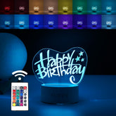 Lampa LED decorativa, Kaveny, 3D, Happy Birthday, cu USB si baterii, 20 cm inaltime, din material acril, lumina multicolora si telecomanda inclusa, alb
