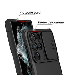 Husa Defender cu Stand pentru Samsung Galaxy S24 FE, Kaveny, Suport reglabil, Antisoc, Protectie glisanta pentru camera, Negru