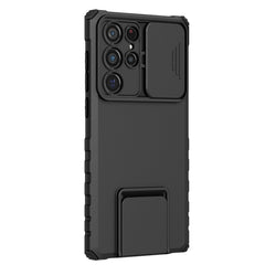 Husa Defender cu Stand pentru Samsung Galaxy S24 FE, Kaveny, Suport reglabil, Antisoc, Protectie glisanta pentru camera, Negru