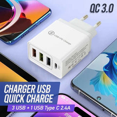 Incarcator Fast Charge pentru Telefon 32W, Kadeny, Incarcator Quick Charge cu 3 Porturi USB-A 3.1A & 1 USB-C, Power Delivery 32W, Cap Standard European, Alb