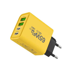 Incarcator Fast Charge pentru Telefon 65W, Kadeny, Incarcator Quick Charge cu 2 Porturi USB-A 3.1A & 2 Porturi USB-C, Power Delivery 65W, Cap Standard European, Galben