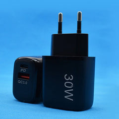 Incarcator Fast Charging pentru Telefon, Kadeny, Dual Port USB-A si USB-C cu Cap de Incarcare Standard European, 30W Q.C 3.0, Negru