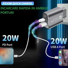 Incarcator Rapid PD QC3.0, Kadeny, 2 Porturi, USB + Type C, 20W, Incarcare Rapida, Protectie Supraincalzire, 9.5 x 5.3 x 5.8 cm, Negru