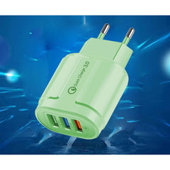 Incarcator Rapid QC3.0, Kadeny, 3 Porturi USB, 2.1A, 18W, din ABS, Protectie Supraincalzire, Gama Macarons, Verde