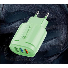 Incarcator Rapid QC3.0, Kadeny, 3 Porturi USB, 2.1A, 18W, din ABS, Protectie Supraincalzire, Gama Macarons, Verde