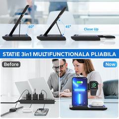 Incarcator Wireless Kadeny, Statie Incarcare 3 In 1 Qi Fast Charger 15W, Incarcare Rapida, Compatibil Cu Apple Watch Toate Seriile Airpods Toate Modele si Iphone Android Samsung Huawei Xiaomi, Quick Charge, Negru