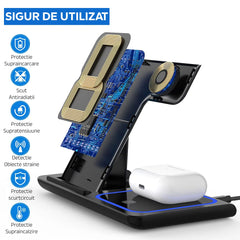 Incarcator Wireless Kadeny, Statie Incarcare 3 In 1 Qi Fast Charger 15W, Incarcare Rapida, Compatibil Cu Apple Watch Toate Seriile Airpods Toate Modele si Iphone Android Samsung Huawei Xiaomi, Quick Charge, Negru