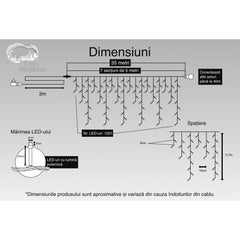 Instalatie Craciun, 35 m, 1001 Led-uri ,Franjuri, Albastru, Flash, Transformator cu telecomanda, Interconectabila, Prelungitor 3 m inclus, Fir Transparent, Kaveny