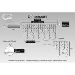 Instalatie Craciun, 40 m, 1144 Led-uri ,Franjuri, Alb cald, Flash, Transformator, Interconectabila, Prelungitor 3 m inclus, Fir Negru, Kaveny