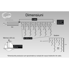 Instalatie Craciun, 5 m, 143 Led-uri ,Franjuri, Alb cald, Flash, Transformator cu telecomanda, Interconectabila, Prelungitor 5 m inclus, Fir Transparent, Kaveny
