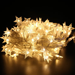 Instalatie Craciun cu baterii, 10 metri, 80 LED-uri tip Stea, fir Transparent, Alb Cald, Kaveny