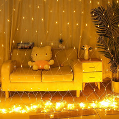 Instalatie Craciun, Tip Plasa, IP 44, 8 x 1 m, 400 LED-uri, Alb cald, 8 jocuri de lumini, Transformator fara telecomanda, Interconectabila, Prelungitor 3 m inclus, Fir transparent, Kaveny