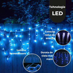 Instalatie Craciun Yoto, Tip Franjuri/Turturi, 4 m, 120 LED-uri, Prelungitor 1.5 m, 8 Jocuri de Lumini, Interconectabila, Conectare la Retea, Fir transparent, Interior/Exterior, Albastru