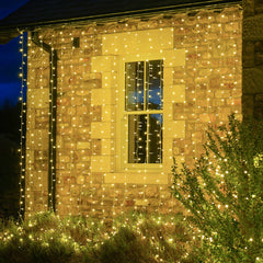 Instalatie Craciun Yoto, Tip Perdea, 2 m x 1 m, 120 LED-uri, Prelungitor 1.5 m, 8 Jocuri de Lumini, Interconectabila, Fir transparent, Interior/Exterior, Alb Cald