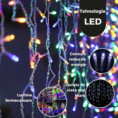 Instalatie de Craciun, Kaveny®, Tip Turturi, Sectiune 5 m, 143 LED-uri, 8 Jocuri de Lumini, Fir Negru, Lumina Multicolora, IP44, Interconectabila
