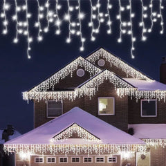 Sectiune Instalatie de Craciun, Kaveny®, Tip Franjuri, 5 m, 143 LED-uri, cu 8 Jocuri de Lumini, Fir de Cupru, Lumina Alb Rece, IP44, Interconectabila