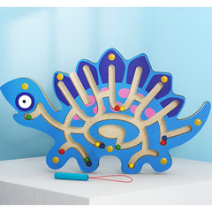 Joc Montessori cu Bile, Kaveny, Creion Magnetic, Tip Labirint, din Lemn, Model Stegozaur, 25x15.5 cm, Albastru