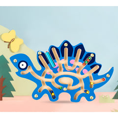 Joc Montessori cu Bile, Kaveny, Creion Magnetic, Tip Labirint, din Lemn, Model Stegozaur, 25x15.5 cm, Albastru