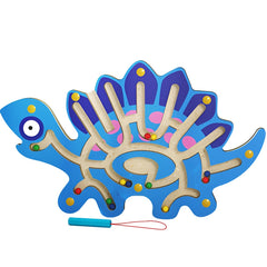 Joc Montessori cu Bile, Kaveny, Creion Magnetic, Tip Labirint, din Lemn, Model Stegozaur, 25x15.5 cm, Albastru