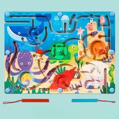 Joc Montessori de Sortare Culori, Kaveny, Creion Magnetic, Tip Labirint Ilustrat, din Lemn, Model Animale Marine, 39x29x1.5 cm