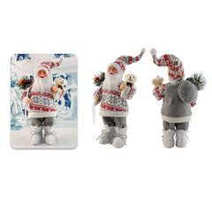 Figurina Decorativa Craciun, Kadeny, Mos Craciun cu Flori si Urs, 30 x 17 x 10 cm, Material Plastic+Textil, Interior/Exterior, Rosu/Gri