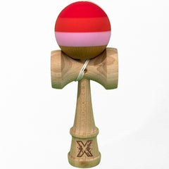 Kendama X Originala, Profesionala, Kaveny, din Lemn, 18 cm, Rubber Grip, Rosu inchis/Rosu/Alb