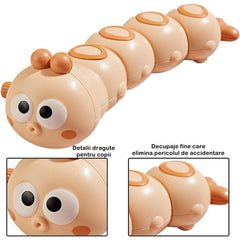 Jucarie mecanica pentru copii Kaveny, omida haioasa, cu cheita, distractiva, se taraste, se misca, 15 x 4 cm, portocaliu