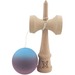 Kendama X Originala, Profesionala, Kaveny, din Lemn, 18 cm, Rubber Grip, Gradient Albastru deschis/Mov/Roz