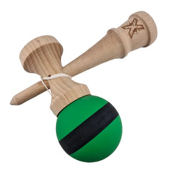 Kendama X Originala, Profesionala, Kaveny, 18 cm, din Lemn, Rubber Grip, Negru/Verde
