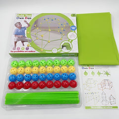 Kit de Constructie Fort 3D pentru Copii, Kaveny, 560 g, 36 Sfere, 51 Tije, Panza Verde Impermeabil, 3 ani, Educativ, Multicolor