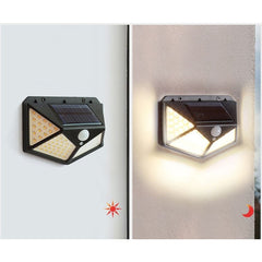 Lampa cu incarcare solara pentru exterior, 100 LED cu distanta de inductie, montaj pe perete, fara cabluri, cu 4 fete, Kaveny