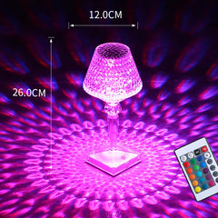 Lampa de birou pe LED RGB 16, Kaveny, dimmer tactil, 3 nivele de intensitate, incarcare USB, 3W, Cristal Acrilic, cu telecomanda, forma pahar, transparent