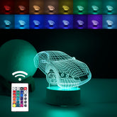 Lampa LED decorativa, Kaveny, 3D, Masina Sport, doua moduri de alimentare USB si baterii, 20 cm inaltime, din material acril si lumina multicolora, alb