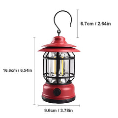 Portable camping light, vintage lantern with hook, ABS, 21 COB LED lighting, adjustable intensity, 5W, reversible, red rechargeable