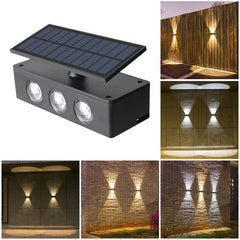 Lampa solara LED bidirectionala Kaveny, cu panou ajustabil, comutator culoare lumina, pentru perete, scari, gradina, terasa, 16 x 6.5 cm, 6 LED-uri, material ABS, baterie 3.7 V, 1200mah, multicolor
