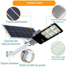 Lampa solara stradala Kaveny, IP65, senzor de lumina, 100 LED-uri SMD, 7200 lm, panou 12W, putere 80W, autonomie 12-16 ore, telecomanda, montare prin fixare, pentru strada sau gradina, finisaj lucios, material ABS, 38.6 x 13.3 x 6.5 cm, lumina alb rece