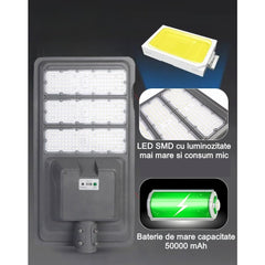 Lampa solara stradala Kaveny, IP65, senzor de lumina, 510 LED-uri SMD, 5000 lm, panou 53W, putere 500W, autonomie 12-16 ore, telecomanda, montare prin fixare, pentru strada sau gradina, finisaj mat, material ABS, 91.6 x 36.5 x 8.7 cm, gri