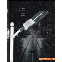 Lampa solara stradala Kaveny, IP65, senzor de lumina, 510 LED-uri SMD, 5000 lm, panou 53W, putere 500W, autonomie 12-16 ore, telecomanda, montare prin fixare, pentru strada sau gradina, finisaj mat, material ABS, 91.6 x 36.5 x 8.7 cm, gri