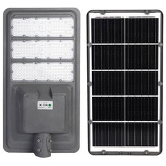 Lampa solara stradala Kaveny, IP65, senzor de lumina, 510 LED-uri SMD, 5000 lm, panou 53W, putere 500W, autonomie 12-16 ore, telecomanda, montare prin fixare, pentru strada sau gradina, finisaj mat, material ABS, 91.6 x 36.5 x 8.7 cm, gri