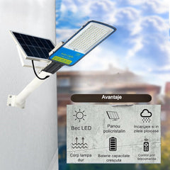 Lampa solara stradala Kaveny, IP66, senzor de lumina, 240 LED-uri SMD, 3200 lm, panou 35W, putere 400W, autonomie 12-16 ore, telecomanda, montare prin fixare, pentru strada sau gradina, finisaj mat, material ABS, 49 x 21 x 5.5 cm, gri
