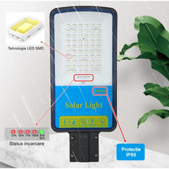 Lampa solara stradala Kaveny, IP66, senzor de lumina, 240 LED-uri SMD, 3200 lm, panou 35W, putere 400W, autonomie 12-16 ore, telecomanda, montare prin fixare, pentru strada sau gradina, finisaj mat, material ABS, 49 x 21 x 5.5 cm, gri