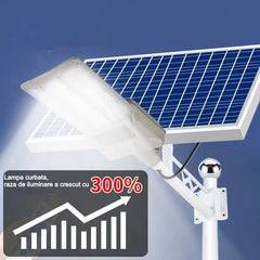 Lampa solara stradala Kaveny, pentru curte sau strada, cu doua grile, finisaj mat, rezistent la apa, montare prin fixare, senzor lumina, baterie de litiu, IP65, lumina rece, putere 300W, autonomie 10 ore, 51.5 x 21 cm, gri