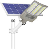 Lampa solara stradala Kaveny, pentru curte sau strada, cu trei grile, finisaj mat, rezistent la apa, montare prin fixare, senzor lumina, baterie de litiu, IP65, lumina rece, putere 1000W, autonomie 10 ore, 55 x 23 x 9 cm, gri
