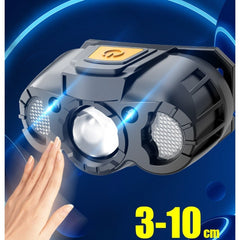 Lanterna LED de Cap, Kaveny, cu Suport Inclus, Incarcare USB Tip C, Raza 100-200m, 5W, 6 Trepte de Lumina, 400 mAh, Gri