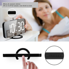 Ceas digital cu LED, Kaveny, multifunctional, afisaj digital, alarma, 2 porturi USB de iesire, ecran tip oglinda, modern, 15.8 cm, alb