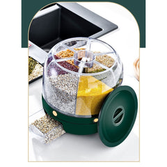 Dozator de cereale Kadeny, rotativ 360, 6 compartimente, capacitate 6 L, rezistent la umezeala, inchidere etansa, verde