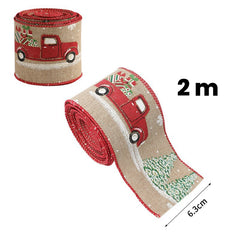 Panglica Decorativa pentru Craciun, Kadeny, Ornament pentru Brad de Craciun, Pretreceri, Panglica cu Design Masina Rosie, 200 x 6.3 cm, Khaki