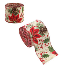 Panglica Decorativa pentru Craciun, Kadeny, Ornament pentru Brad de Craciun, Pretreceri, Panglica cu Design Conuri si Floare Rosie, 200 x 6.3 cm, Khaki