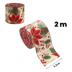 Panglica Decorativa pentru Craciun, Kadeny, Ornament pentru Brad de Craciun, Pretreceri, Panglica cu Design Conuri si Floare Rosie, 200 x 6.3 cm, Khaki